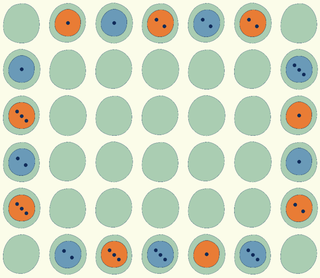Pebble Huddle game board with orange and blue pebbles on green leaves