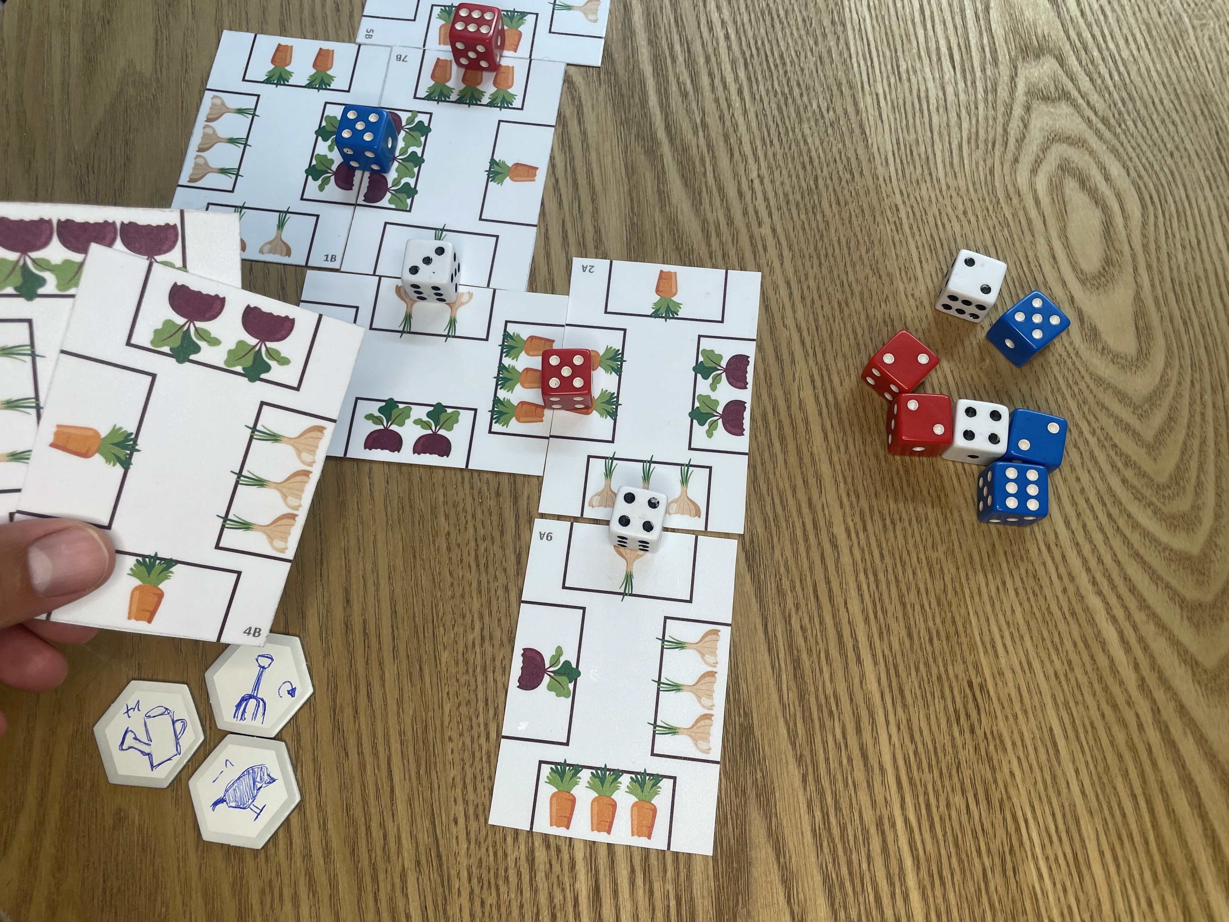 Veggie Patch during gameplay showing tile placement and dice